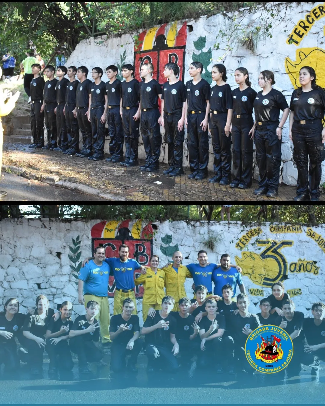 Formación y fotografía grupal de la Brigada Juvenil frente al mural de K3 Sajonia