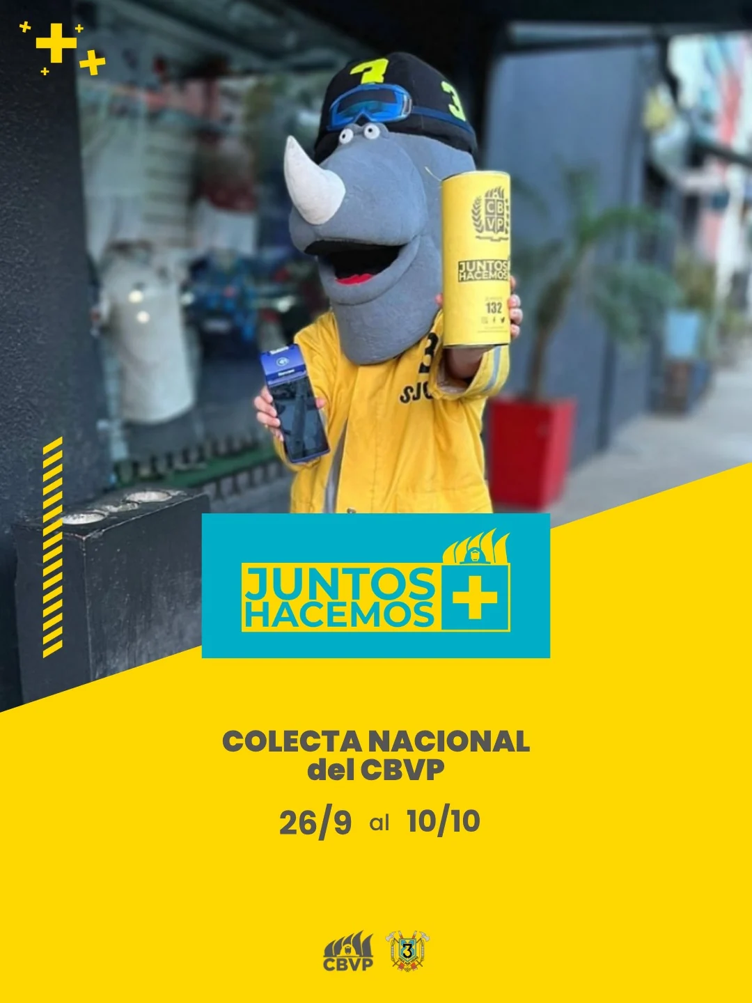 Mascota rinoceronte de la Colecta Nacional del CBVP con alcancía amarilla