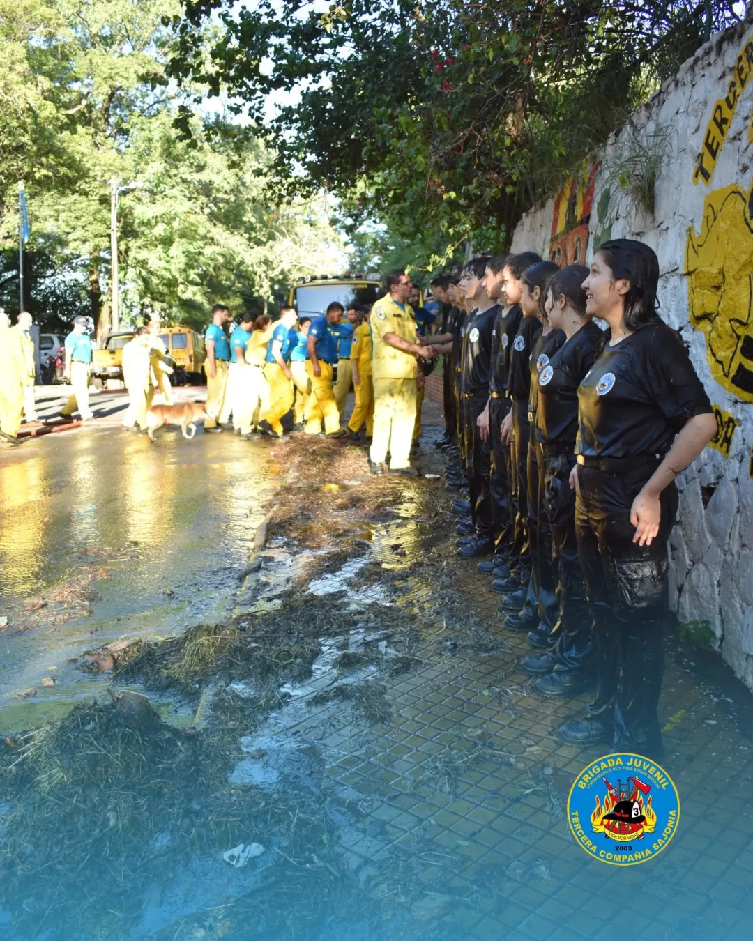 Integrantes de la Brigada Juvenil formados junto al mural de K3 Sajonia