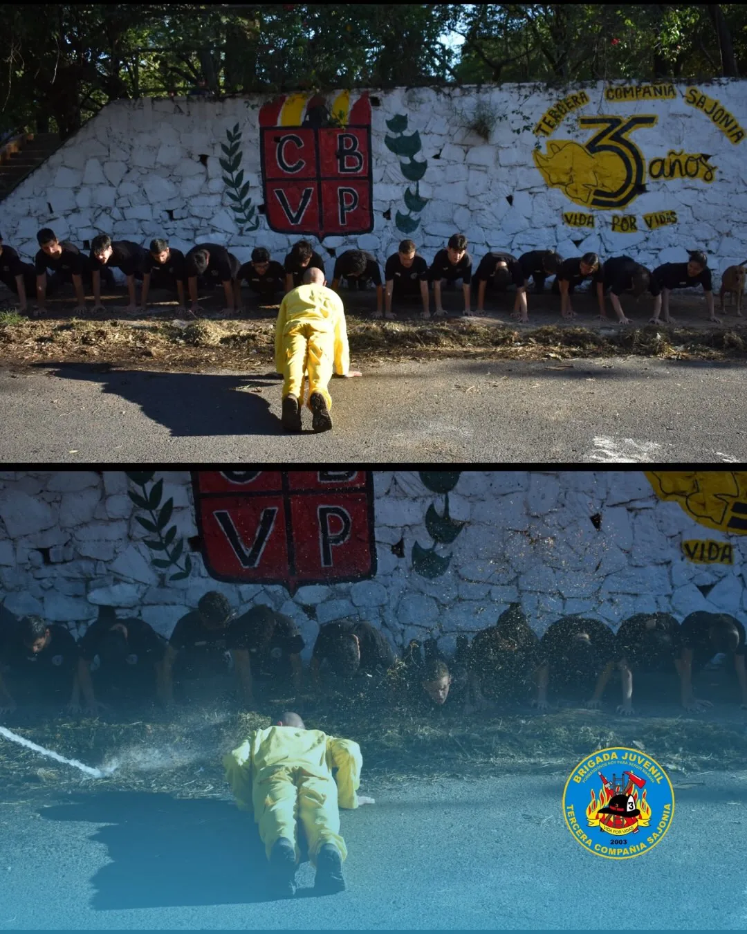Ejercicio físico supervisado de la Brigada Juvenil frente al mural de la Compañía